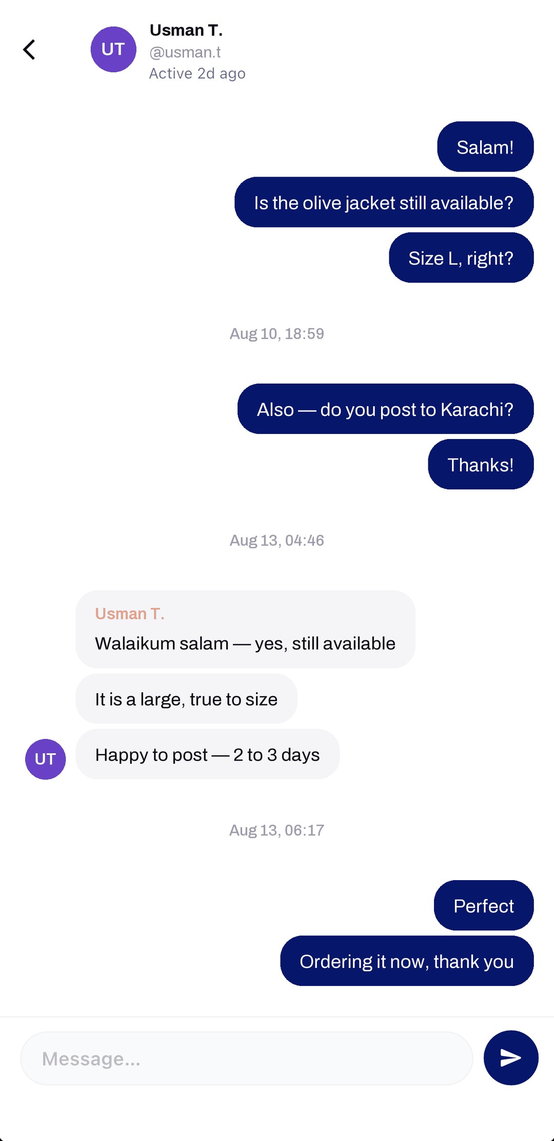 A buyer and seller messaging inside the OurBazaar app about a jacket.