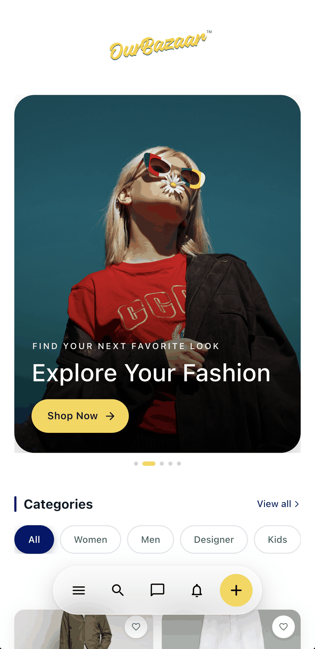 The OurBazaar home feed: a featured fashion banner, category filters and listing cards.