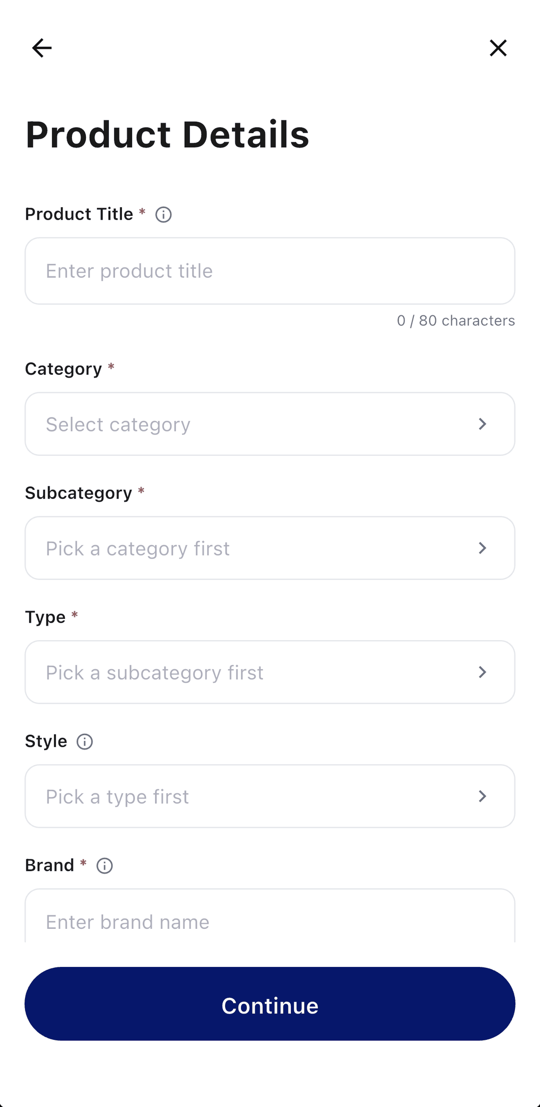 Step one of the listing wizard: product title, category, subcategory, type and brand.