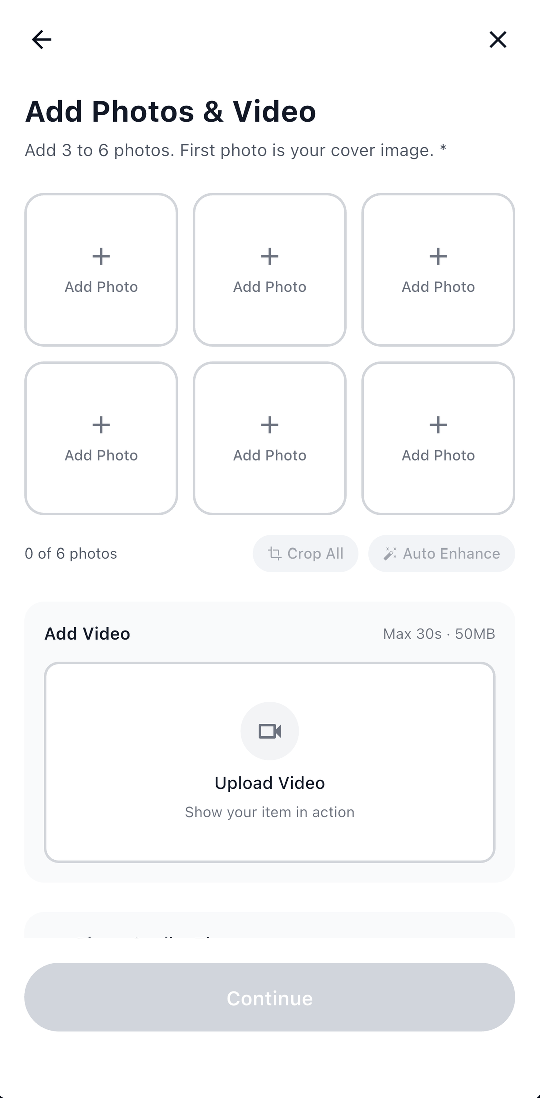 The Add Photos & Video step of a listing, with the Crop All and Auto Enhance controls beneath the photo grid.