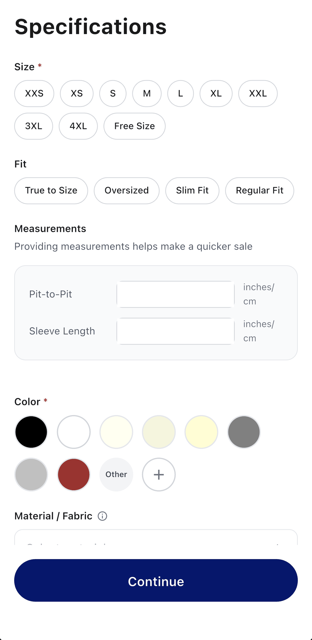 The specifications step: size chips, fit options, measurements, colour swatches and material.