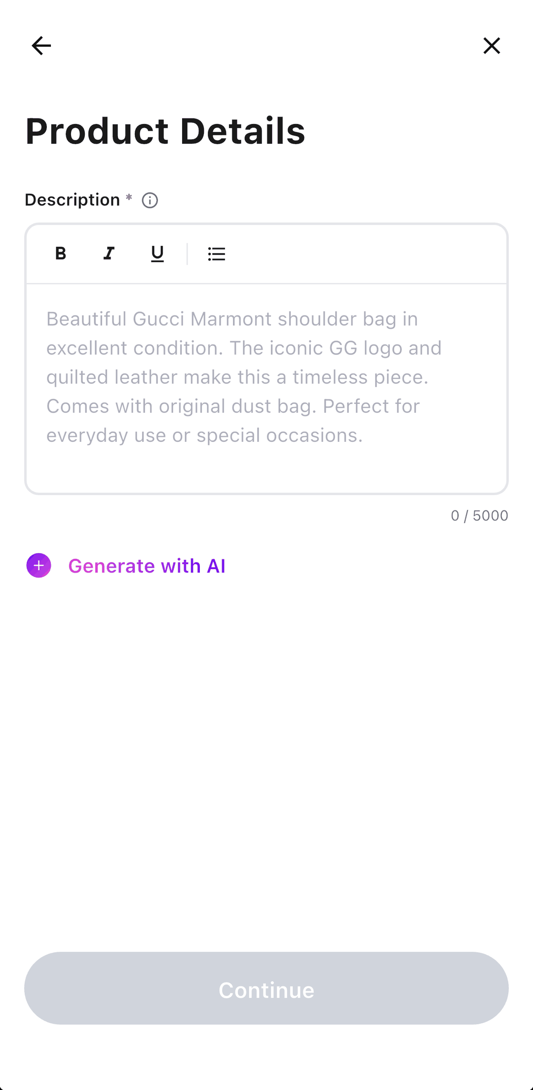 The Product Details step of a listing, with a rich-text description field and a Generate with AI action below it.
