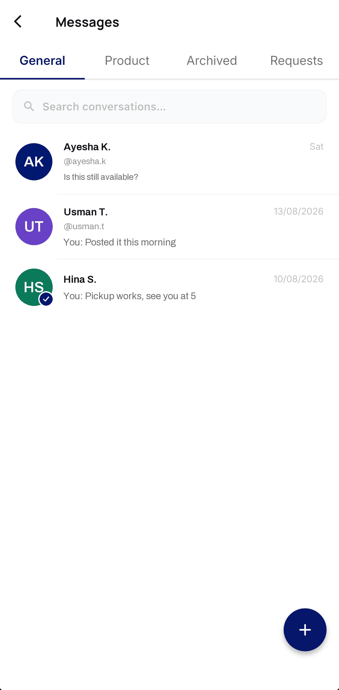 The OurBazaar message inbox, showing conversations with buyers and sellers.