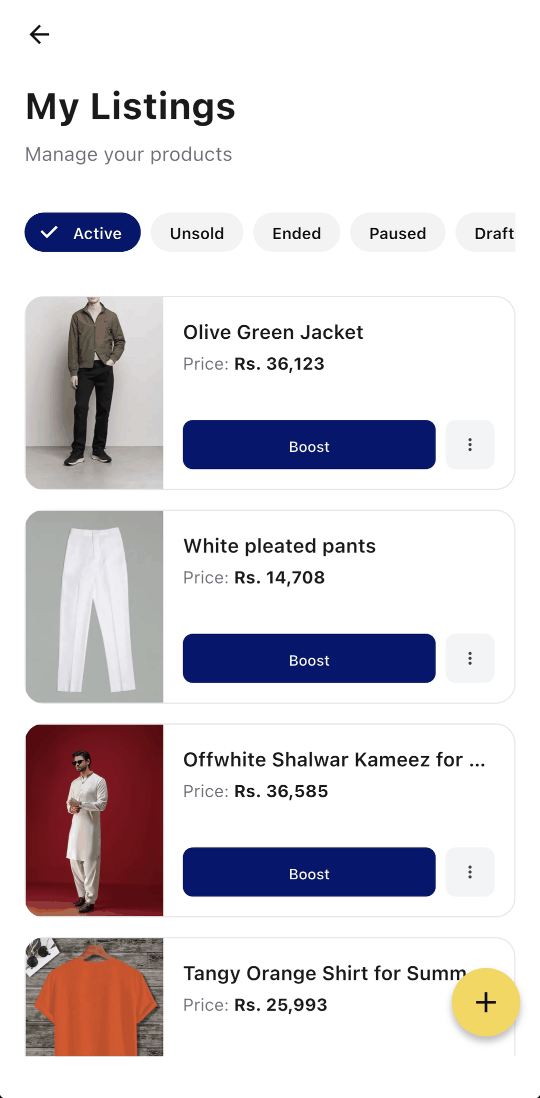 The seller's listings screen in the OurBazaar app, showing active and sold items.