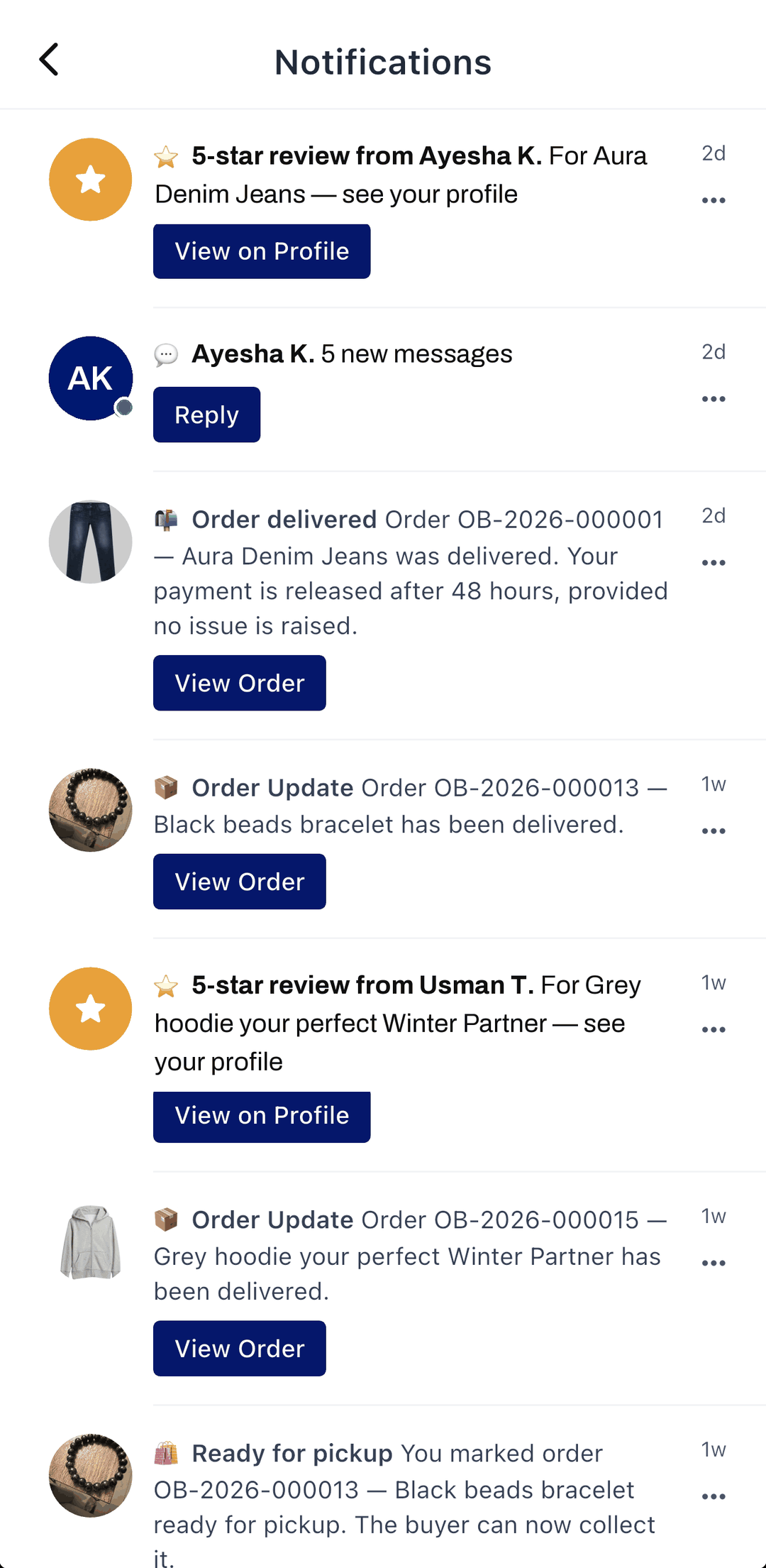 The notifications screen in the OurBazaar app: an order marked delivered with a note that payment is released after 48 hours provided no issue is raised, order updates, new messages and a review.