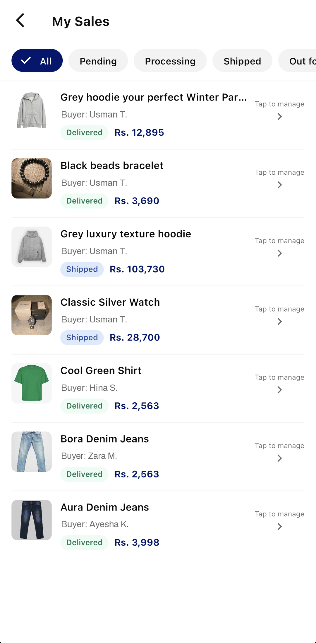 The My Sales screen in the OurBazaar app: each sale with its buyer, its status — delivered, shipped — and the amount in rupees.