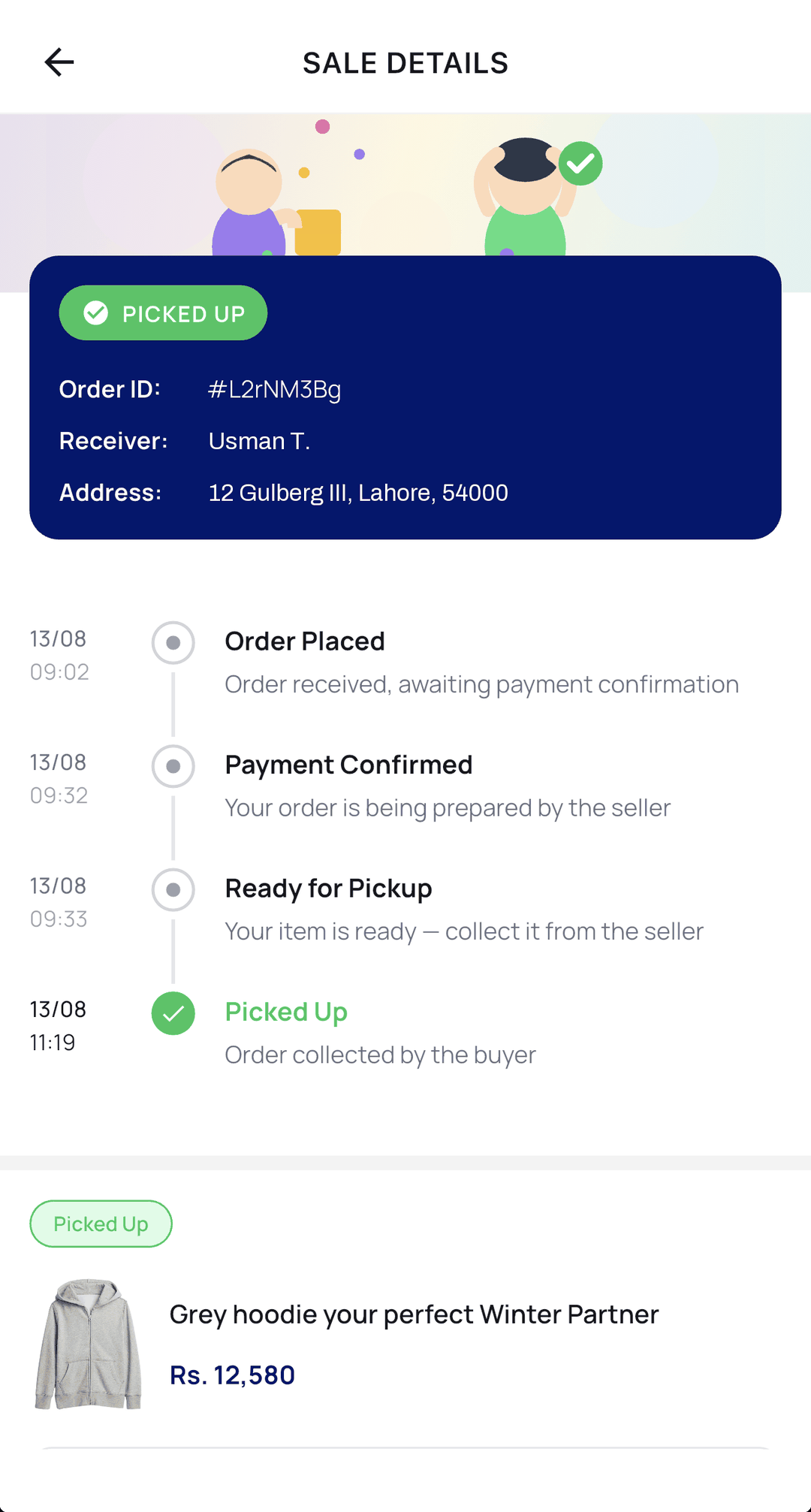 An order timeline in the app: placed, payment confirmed, ready for pickup, picked up.