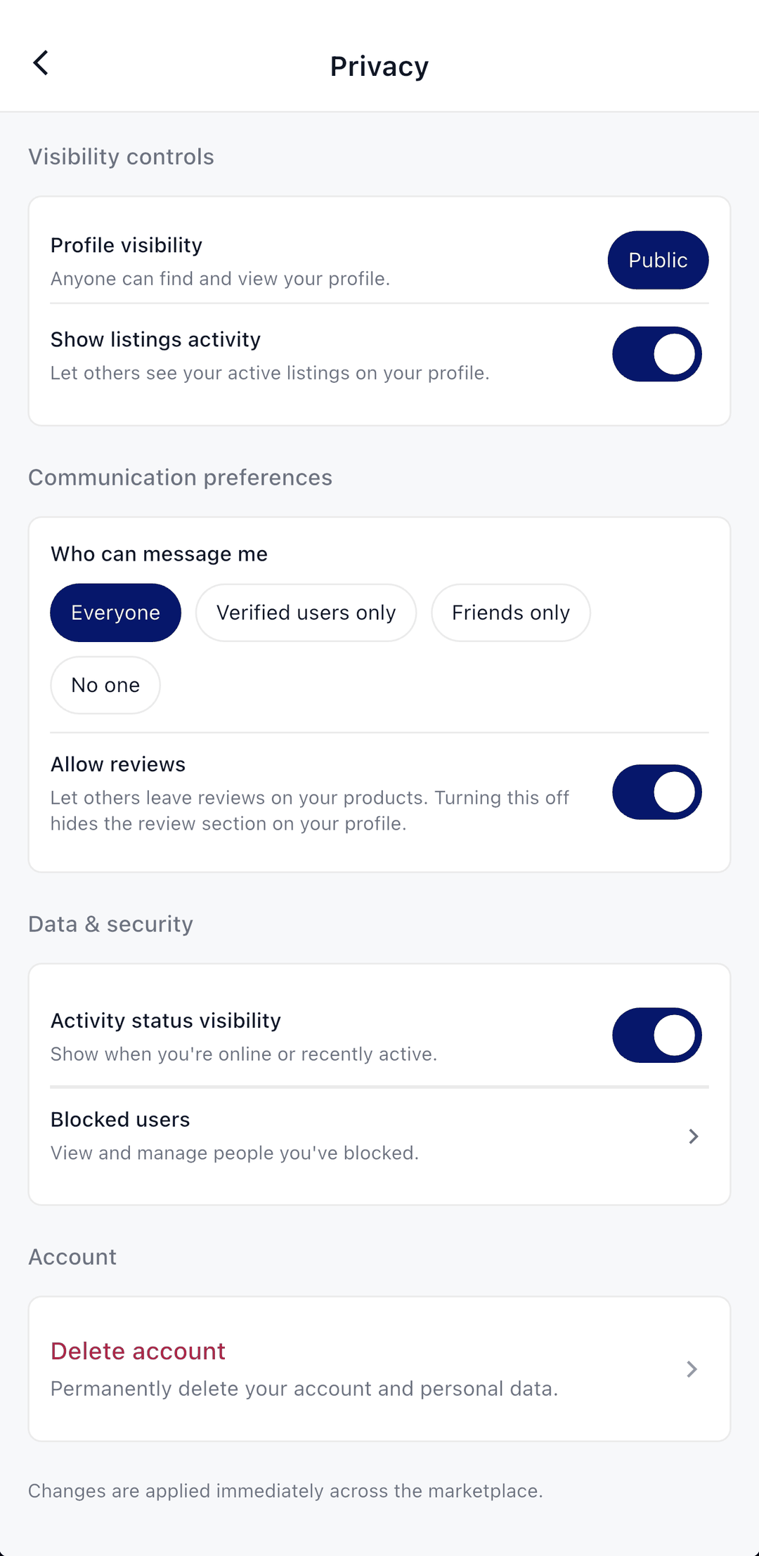 Privacy settings in the app: choosing who can message you and what your profile shows.