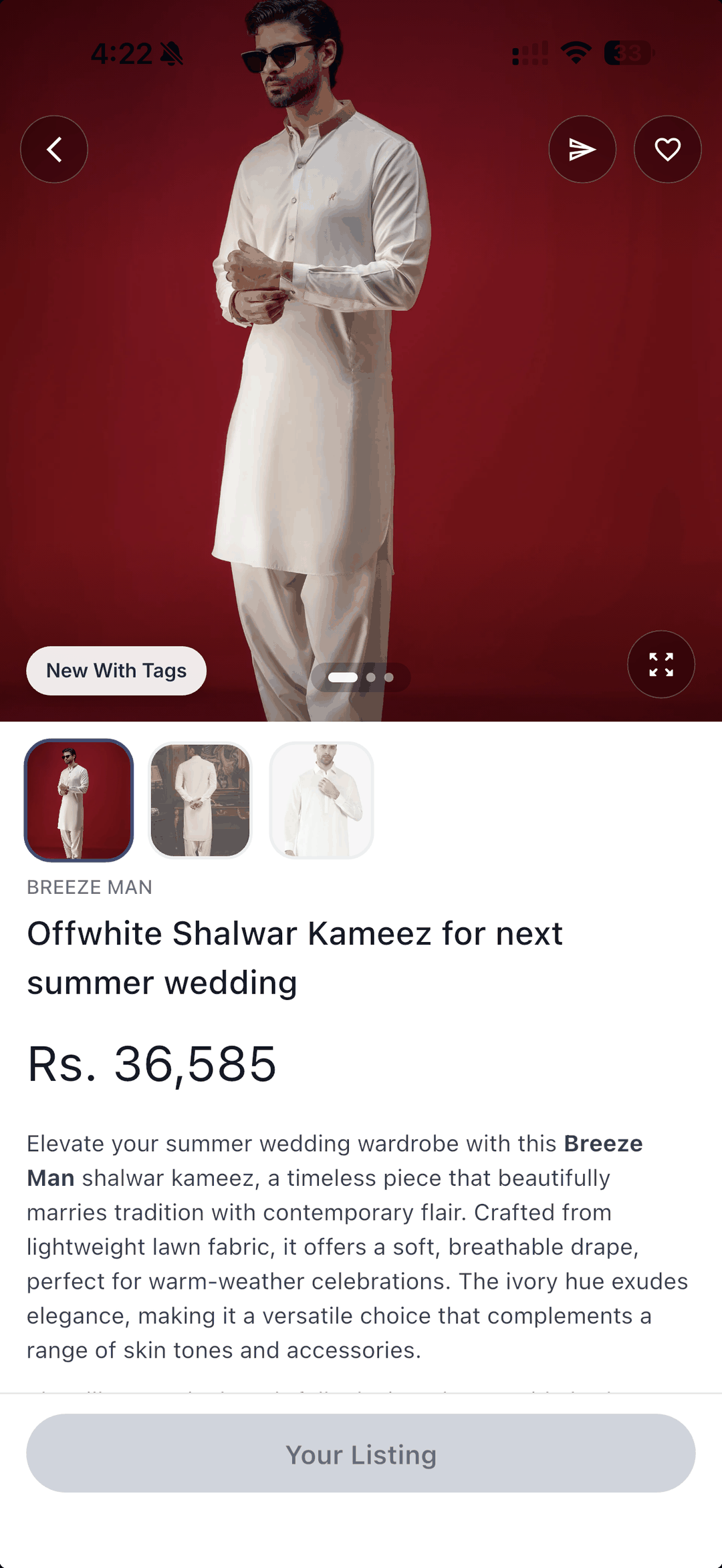 A listing in the app: photos, price in rupees, condition and the seller’s details.
