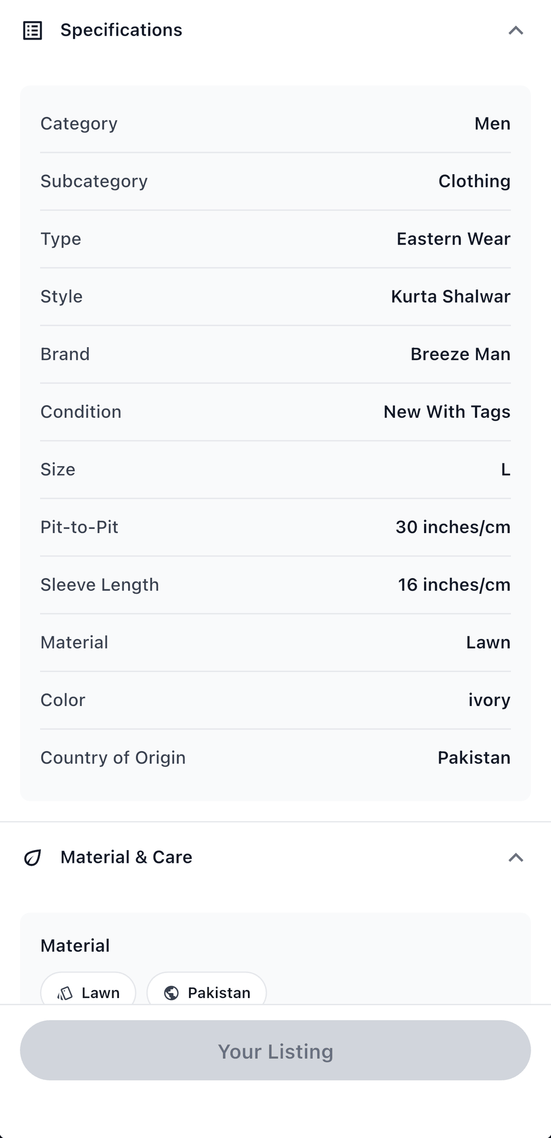 The specifications panel on a listing: category, style, brand, condition, size, pit-to-pit, sleeve length, material and country of origin.