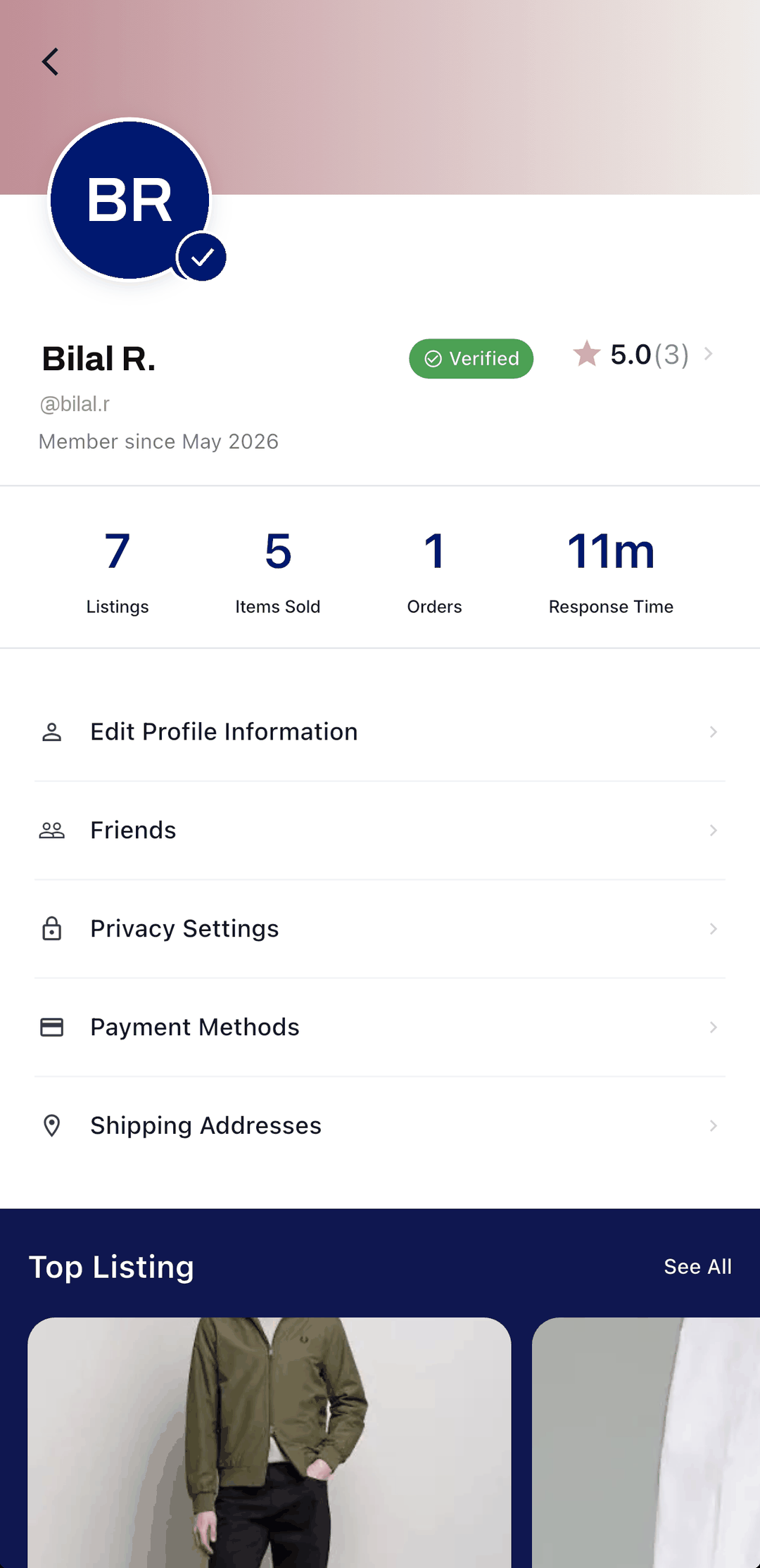 A verified OurBazaar profile showing the identity-verified badge.
