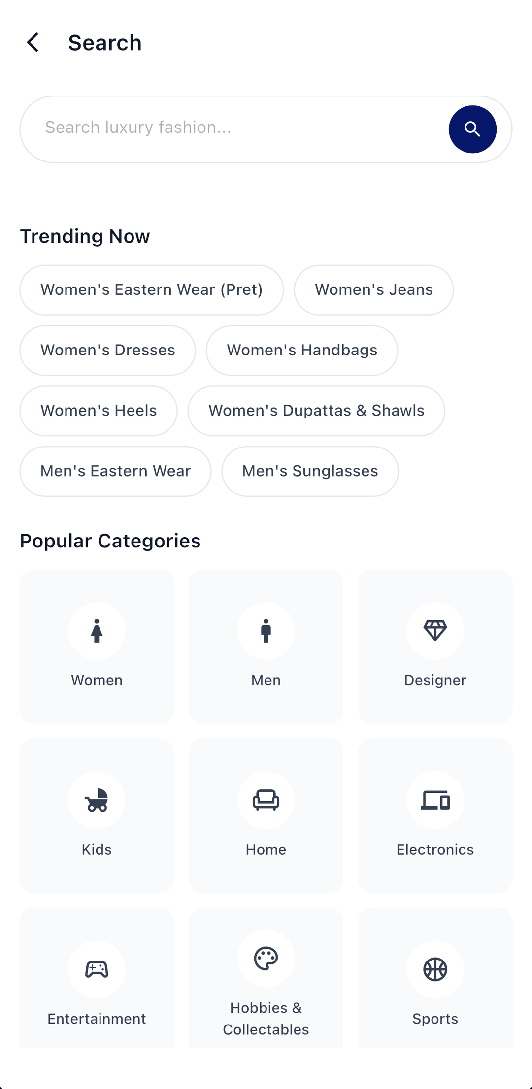 The OurBazaar search screen showing trending searches and the nine popular categories.
