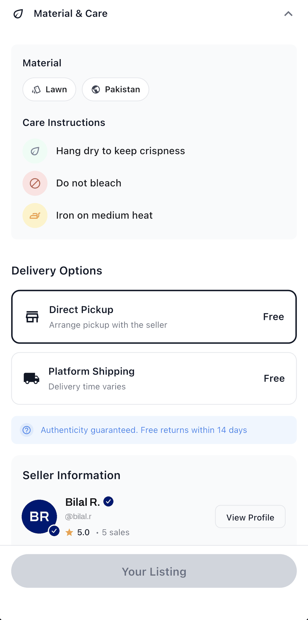 A seller profile in the OurBazaar app showing the verified badge and rating.