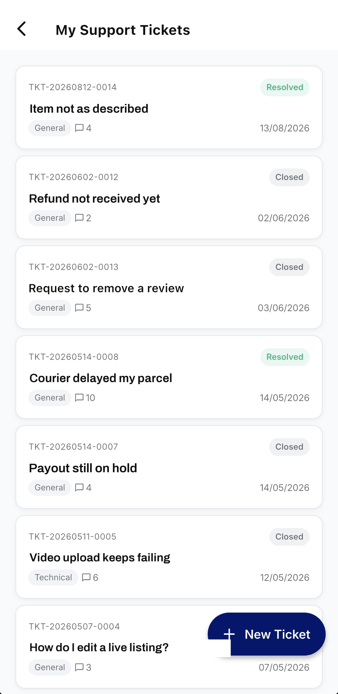 The support screen in the OurBazaar app, listing open and resolved tickets.